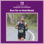 A square image with a purple background. In the image, a runner in a black tank top smiles at the camera. The image is overlayed with text that reads "Run for a Heartbeat" and "Cape Breton Regional Hospital Foundation in white and pink.